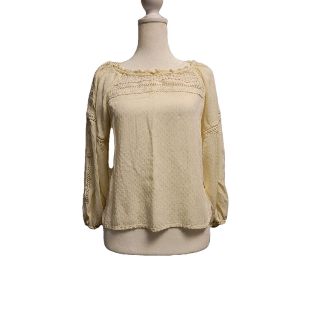 Skies Are Blue Blouse Womens XS Ivory Semi Sheer 3/4 Sleeve Short Boho Peasant